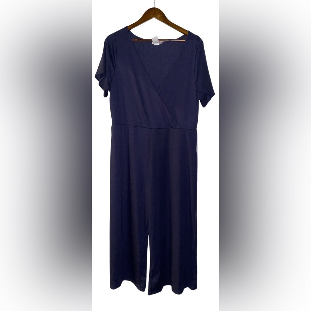 Brinia Plus Women Faux Wrap Short Sleeve Jumpsuit Size 3x Blue Knit Minimalist